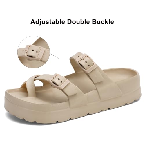 SOSOWHLTE Beige Beach Sandals for Women Comfortable Cloud Slides with Arch Support Adjustable Double Buckle Flat Sandals Size 6.5-7 - Image 3