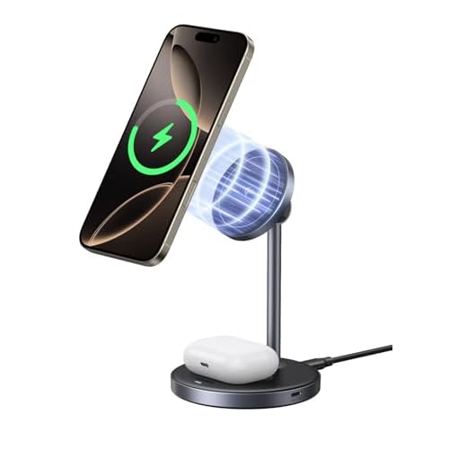 UGREEN Qi2 Certified 15W 2-in-1 Magnetic Wireless Charging Stand, Fast Charging Station for iPhone 17 16 15 14 13 12 Series and AirPods, MagSafe-Compatible Wireless Charger with 3 FT USB-C C