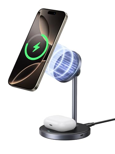 UGREEN Qi2 Certified 15W 2-in-1 Magnetic Wireless Charging Stand, Fast Charging Station for iPhone 17 16 15 14 13 12 Series and AirPods, MagSafe-Compatible Wireless Charger with 3 FT USB-C Cable