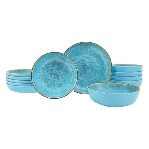 TP Vajilla de 12 piezas, juego de platos de melamina con cuencos y platos, servicio de cena para 6, irrompible y ligero, color azul