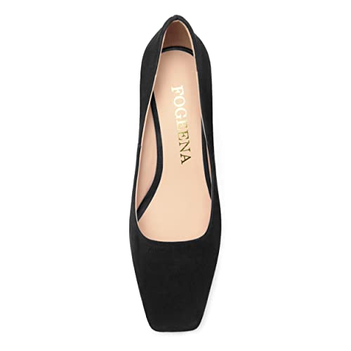 FOGEENA Womens Square Toe Suede Leather Dress Slip On Wedding Block High Heel Pumps Shoes 3.34 Inch3