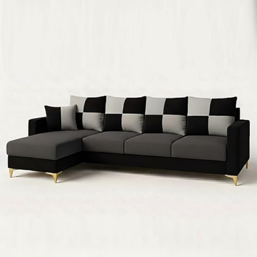 Image of CASASTYLE Brogan 5 Seater Fabric LHS L Shape Sofa Set (Dark Grey-Black) in Premium Velvet Finish | Durable Comfort | Ideal for Living Room