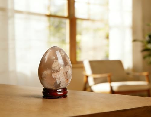 Image of AMOYSTONE Sakura Agate Egg 2.7-3 inch Small Palm Stone with Wood Stand for Healing Therapy - Spiritual Growth Crystal, Gift for Her Home Decor 8.5oz