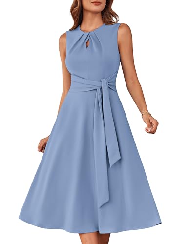 Elegantes Damen-Hochzeitsgastkleid A-Linien-Kleid in fließender Midi-Länge mit Gürteltaschen Blaugrau S