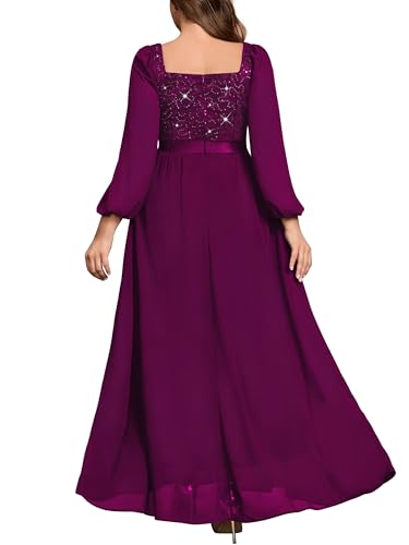 Image of MISSMAY Women's Plus Size Sequin Lace Square V Neck Sheer Long Sleeves Formal Evening Chiffon Long Dress
