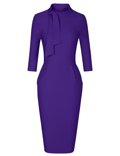 Image of MUXXN Women's Midi Pencil 1950s Vintage Cocktail 3 /4 Sleeve Tie Neck Bodycon Mid-Calf Dress with Pockets