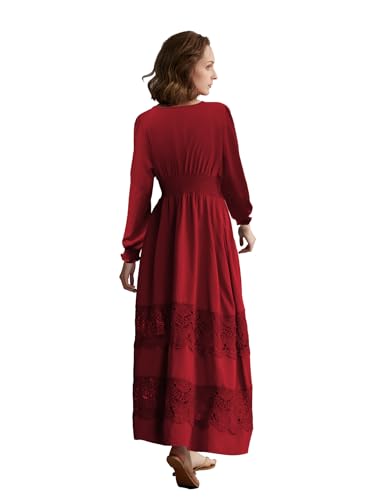 Image of Olaesa Long Sleeve Boho Maxi Dress for Women Lace Wedding Guest Dress | Spring Fall Bohemian Dress, Long Flowy Family Photo Dress with Pockets, V Neck Long Western Vacation Outfits