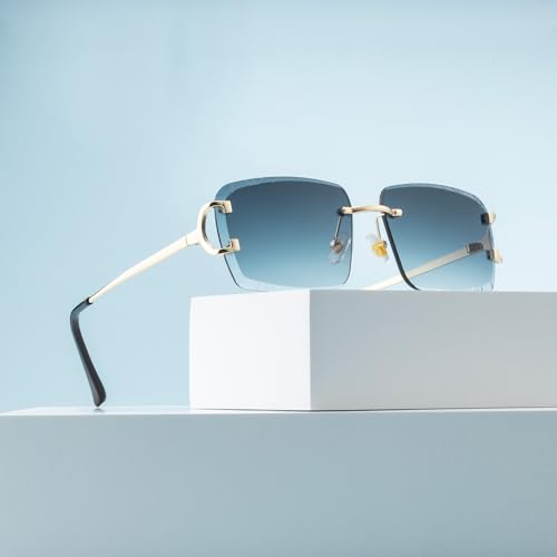 Image of Retro Rimless Rectangle Sunglasses for Men Women Luxury Frameless Square Trendy Shade Diamond Cutting Eyewear