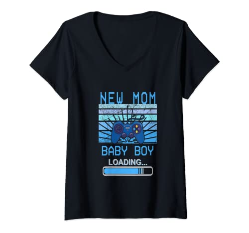 Mujer Retro Nuevo Gamer Gaming Mamá Bebé Niño Cargando 2022 Controlador Camiseta Cuello V
