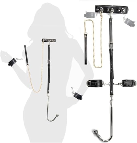 1 juego de esposas de cuero negro 3 en 1 ajustable collar de yoga con gancho, cadena de tracción
