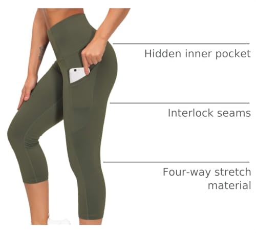 Image of THE GYM PEOPLE Thick High Waist Capris Yoga Pants with Pockets, Tummy Control Workout Running Yoga Leggings for Women