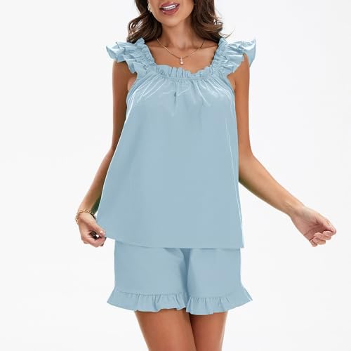 Image of ROAONOCOMO Women Floral Pajama Set Ruffle Babydoll Cami Top Coquette Pj Set Gingham 2 Piece Shorts Outfit Bridal Loungewear