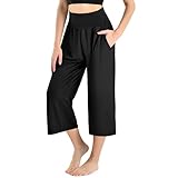 Ipletix Capri Pants for Women High Waisted Casual Wide Leg Yoga Pants with Pockets for Travel Gym Exercise 23" Inseam Black XL