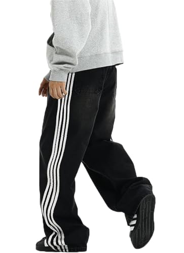 Men's Baggy Vintage Jeans Loose Fit Denim Pants with Stripes on