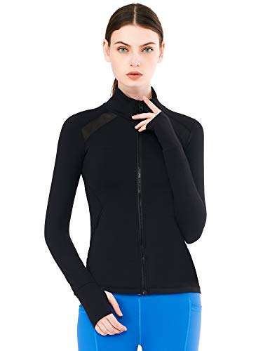 Zeronic Women's Collar Pockets Casual Zip Jacket with Thumb Holes (Black, Large)
