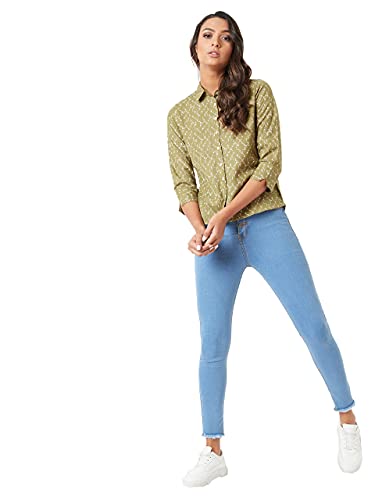 Image of Miss Chase Women's Multicolored-Base Olive Green Collared 3 /4 Sleeves Printed Basic Regular Length Shirt