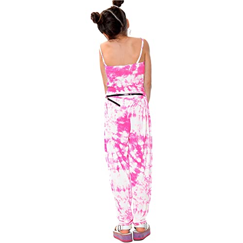 Enterizo para niñas ideal para jugar y pasear con estampado teñido anudado rosa neón 3
