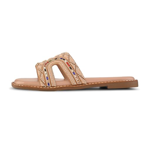 Image of Centrino Women's Beaded Flat Sandals | Stylish Gold Crystal Slip-On with Ornate Cutout Design | Soft Cushioned Footbed |Elegant & Trendy Open Toe Slip-On | Luxury Footwear for Wedding /Party (9301)