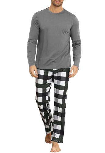 KUYIGO Conjunto de Pijama para Hombre de Manga Larga. Conjuntos de Pijama cómodos para Hombre. Ropa de Estar por casa Suave con Bolsillos, Gris, Talla XL.