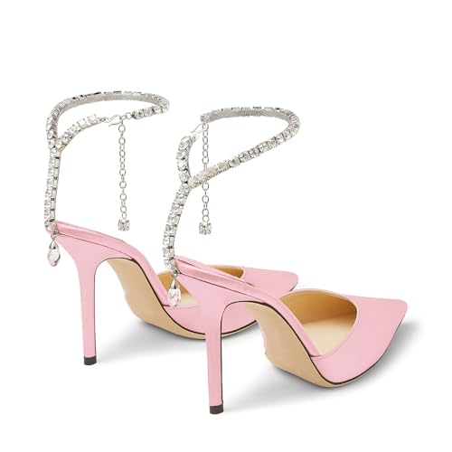 Image of LauraVicci Women's Heeled Sandals Crystal Chain Ankle Straps Rhinestones Buckle High Heels Stiletto Slip On Wedding Party Satin Dress Shoes
