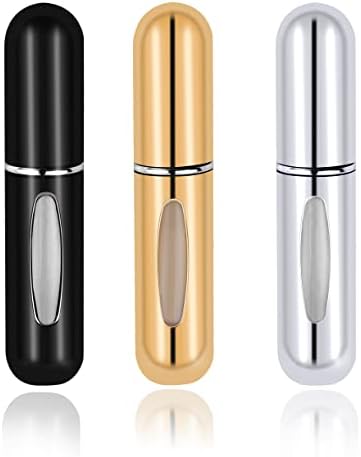 3 Pcs Perfume Travel Spray Bottle, 5ml Perfume Atomiser Bottles Fragrance Atomiser Portable Travel Refillable Perfume Bottle for Women Men (gold, black, silver)