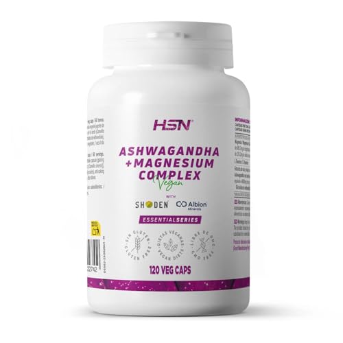 HSN Ashwagandha Shoden® + Magnesio Albion™ Minerals | 120 Cápsulas Vegetales | Complejo Extracto de Ashwagandha + Magnesio Quelado + L-Teanina Natural | Antes de Dormir | No-GMO, Vegano, Sin Gluten