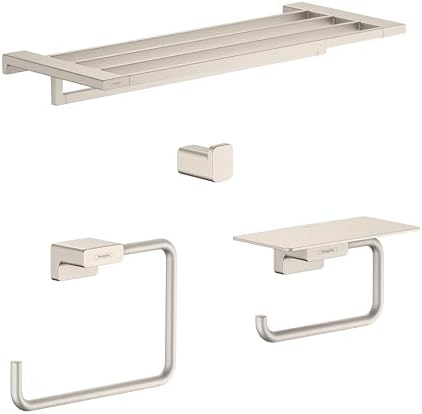 AddStoris Accessory Kit with Towel Rack, Towel Ring, Toilet Paper Holder w/Shelf, and Single Hook in Brushed Nickel