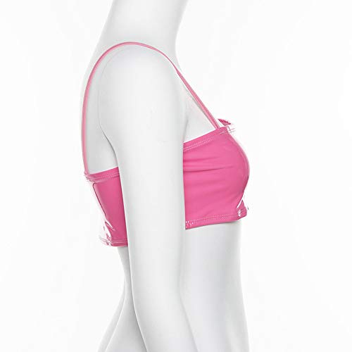 Women Rave Festival Neon PU Leather Crop Tops Spaghetti Straps Tube Top for Club Party