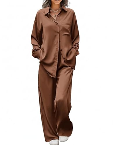Ekouaer Womens 2 Piece Silk Satin Pajama Set Long Sleeve Lounge Sets Button Down Shirts and Pants PJs Soft Sleepwear Sets Clay M
