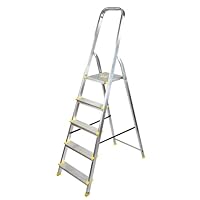 Bayersystem BS-DA5 120 Trittleiter mit 5 Stufen, Aluleiter, bis 120 kg belastbar, max. Arbeitshöhe 2,99 m, Klapptrittleiter mit Handlauf, Anti-Rutsch-Füße, Klapptritt für Haushalt, Silber/Gelb