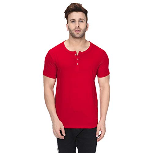 Image of London Hills Henley Neck T Shirt for Men | Tshirt for Man | T Shirt for Men | Mens Casual T Shirts | Cotton Blend Solid Half Sleeve Button Neck Slim Fit Casual Tee