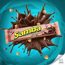 SAMBA CARLTON AVELLANA, 2 PACKS. Galleta Cubierta de Chocolate Rellena de Avellana/Chocolate covered wafer cookie filled with hazelnuts, 2 PACKS of 20 und each.