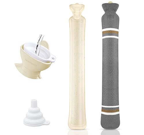 Lange Wärmflasche mit Klapptrichter,73cm Tragbare Wärmflasche mit Deckel und Riemen,2L Naturkautschuk Körperflasche Wärme- und Kälteentlastung für Nacken Bauch Bein Rücken Thermotherapie(Grau) Cover