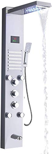 Panel de ducha LED de acero inoxidable con boquillas de masaje, ducha de lluvia y ducha de mano de acero inoxidable cepillado para bienestar de lujo y placer al ducharse miniatura 1