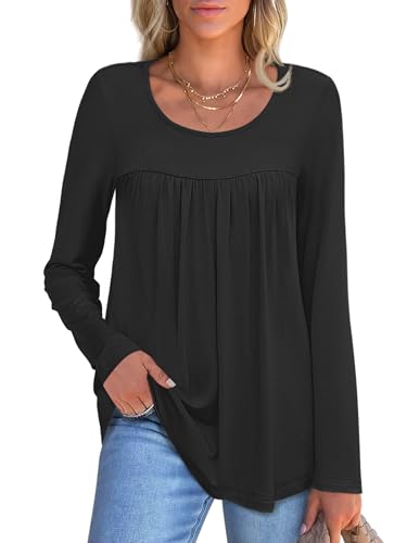 ANRABESS Tunic Tops for Women Long Sleeve Babydoll Cute Shirts Loose Flowy Pleated Tummy Hide Blouses 2025 Fall Outfits M-3XL Black Large