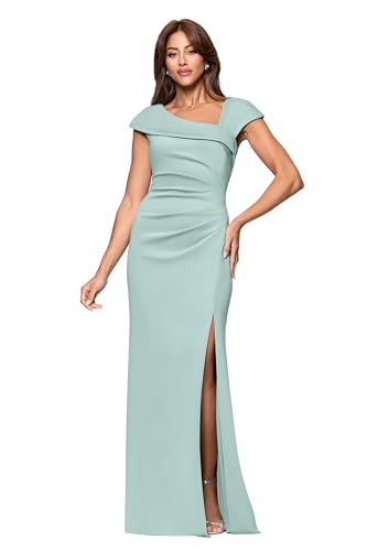 Image of Xscape Women's Long Bodycon Formal Evening Gown with Cap Sleeves, Asymmetrical Neckline, Ruched Bodice and Front Slit