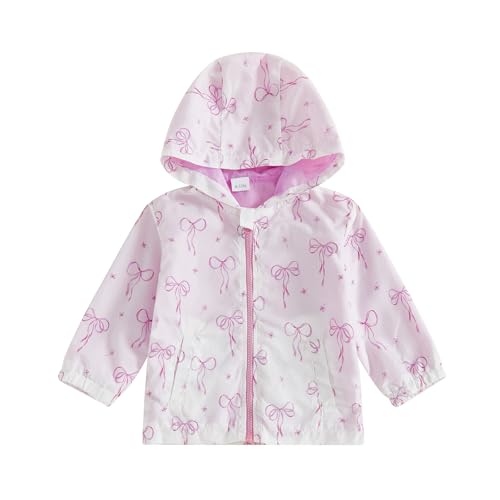 Engofs Toddler Girls Jacket Bowknot Print Zipper-Up Hooded Long Sleeve Coat Fall Kids Clothes Outerwear