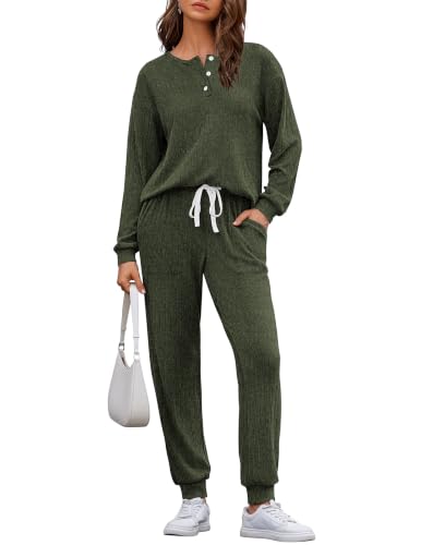 Ekouaer Womens Knit 2 Piece Lounge Sets Long Sleeve Top and Pants Outfits - image 2