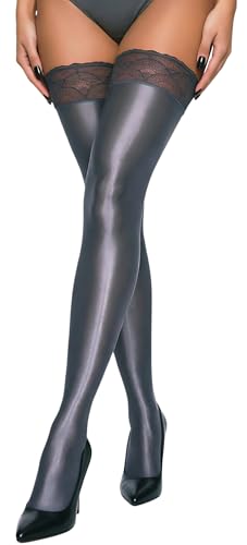 FEOYA Bas Autofixant Femme Sexy Brillant Dentelle Collants Cuisse Haute Brillants Chaussettes Longues Wetlook Lingerie Bas Autofixants pour Femme Party Club Cosplay Gris une taille
