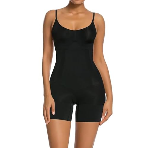 SHAPERX Women's Shapewear Bodysuit Smoothing Tummy Control Body Shaper with Adjustable Straps Comfortable Mid-Thigh Shorts