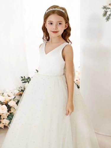 MCieloLuna Elegant Flower Girl Dress Satin Tulle Princess Pageant Dresses for Girls Pearl Beads Wedding Maxi Gown2