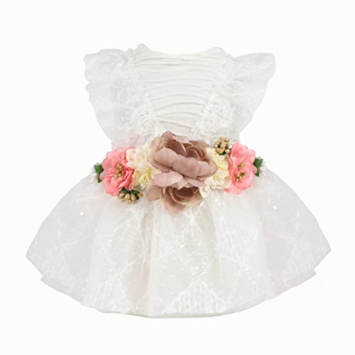 Fitwarm Fancy Flower Sash Dog Princess Tutu Dress, Formal Dog Clothes for Small Dogs Girl, Pet Wedding Attire, Cat Outfit, White, Medium