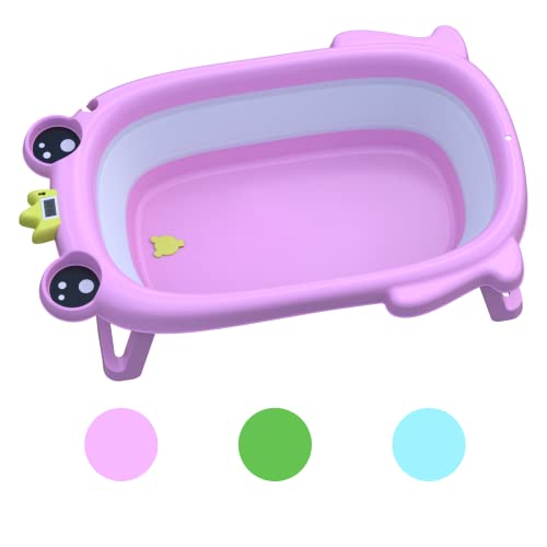 Baby Bathtub – Newborn Essentials Portable Bathtub with Temperature Sensor – Foldable Bathtub for Newborn Baby with Cushion Support Option – Practical Drain Plug (Pink, Bathtub ONLY)
