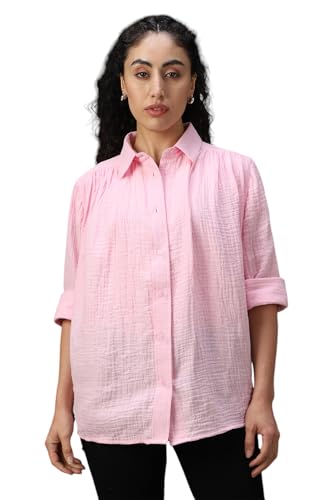 Image of High Star Women Cotton Solid Oversized Fit Casual Collar Full Sleeves Shirts