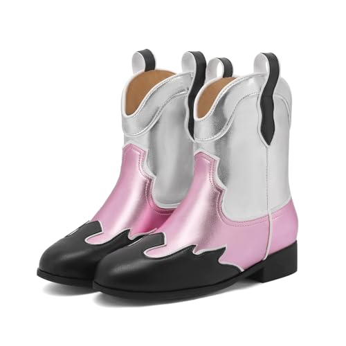 Kids Cowboy Boots Unisex Cowgirl Metallic Western Booties Round Toe Pull on Splicing Riding Ankle Boots for Boys/Girls