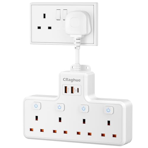 Multi Plug Extension Socket 4 Way with Flexible Plug 4 Gang Small Short Extension Lead with Independent Switches for Home Office Kitchen Multiplug Wall Socket Extension White