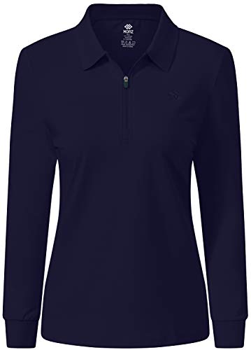 MoFiz Women's Long-Sleeve Polo Top Cotton Golf Shirts Plain Classic Pique Polo Shirts Dark Blue Size L