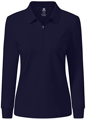 MoFiz Polo Mujer Camiseta Manga Larga Invierno Algodón Trabajo Golf Tops con Cuello Zip Azul Marino XL