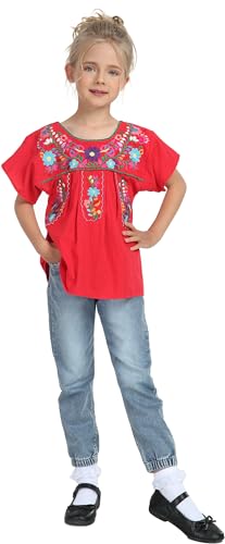 Image of YZXDORWJ Mexican Blouse for Girls Traditional Embroidered Summer Short Sleeve Peasant Blouse for Kids