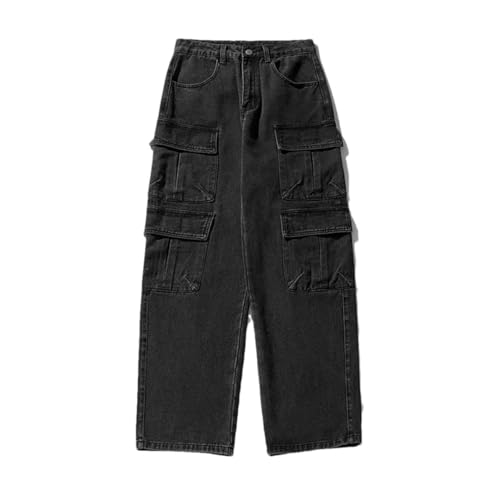 Men’S Workwear Multi Pocket Jeans Mid Waist Loose Fit Wide Leg Denim Pants Casual Zipper Fly Vintage Wash Jeans